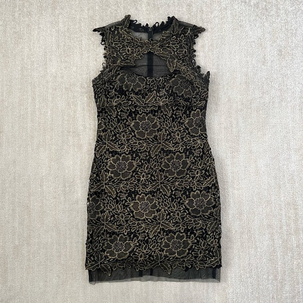 Betsy & Adam Metallic Gold Black Floral Lace Mesh Cocktail Party Dress 12